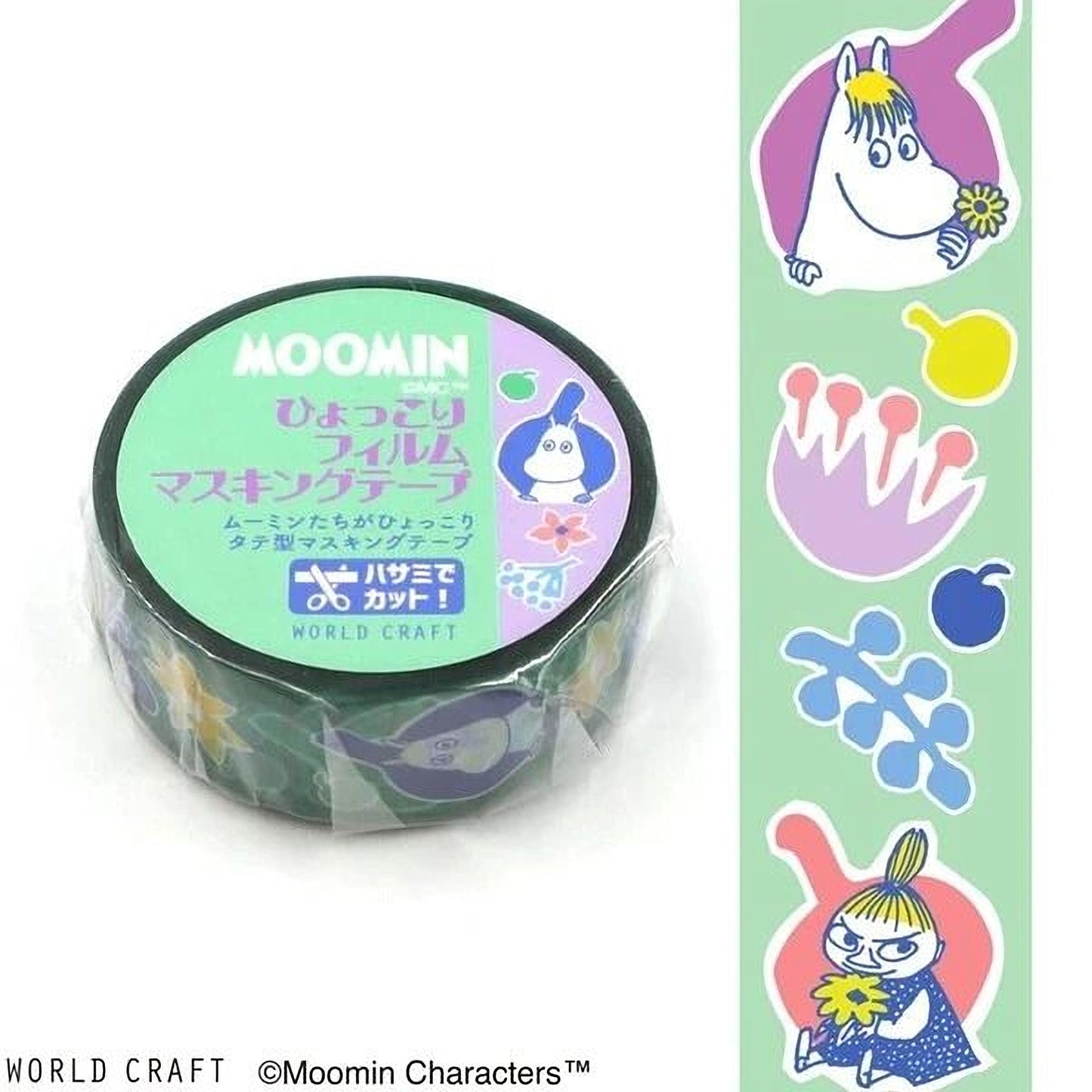 a roll of Moomin craft tape with colorful designs and characters on it, along with a vertical strip of Moomin characters.