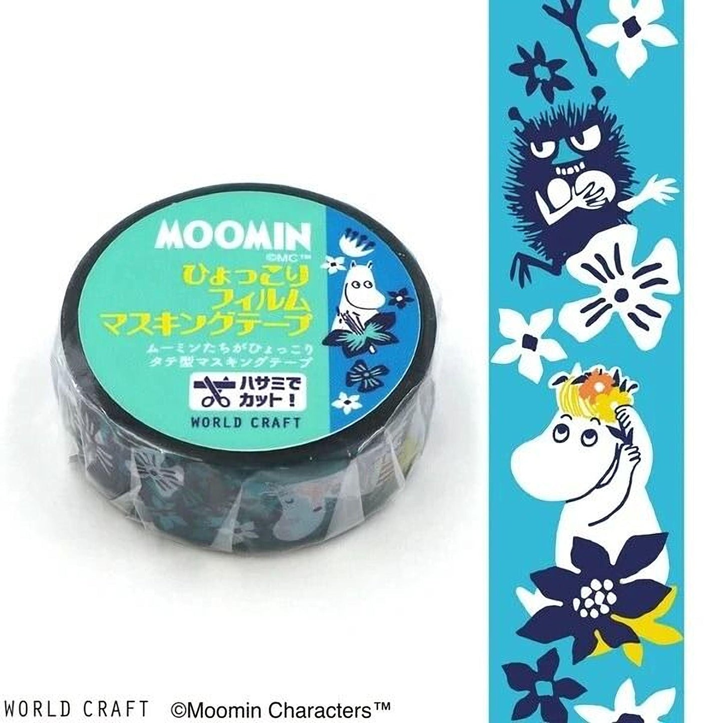 a circular object with a label that includes text in Japanese, along with illustrations of Moomin characters. The label also includes the text "WORLD CRAFT" and "Moomin Characters™".