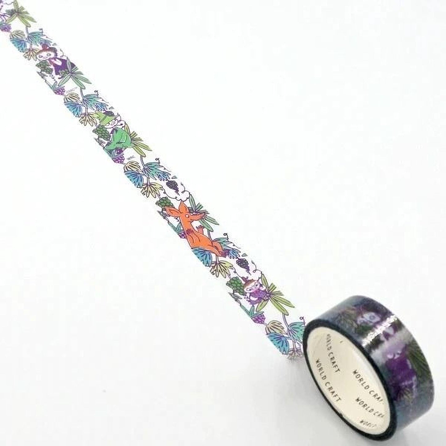 A roll of colorful patterned tape with a design of various animals and plants, including a panda, on a white background.