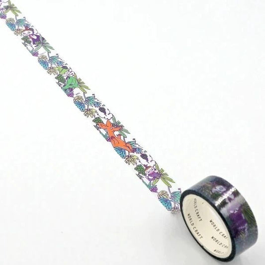 A roll of colorful patterned tape with a design of various animals and plants, including a panda, on a white background.