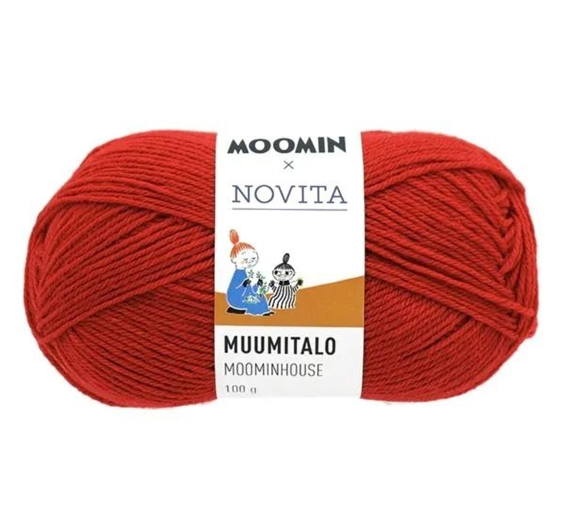 A ball of red yarn with a label that reads "Moomin x Novita Muumitalo Moominhouse 100 g" and an illustration of a character.