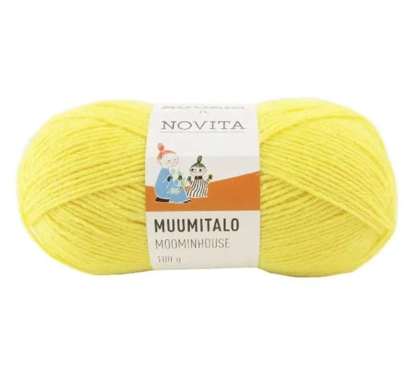 A ball of yellow yarn labeled "Muumitalo" and "Moominhouse" is shown against a white background.