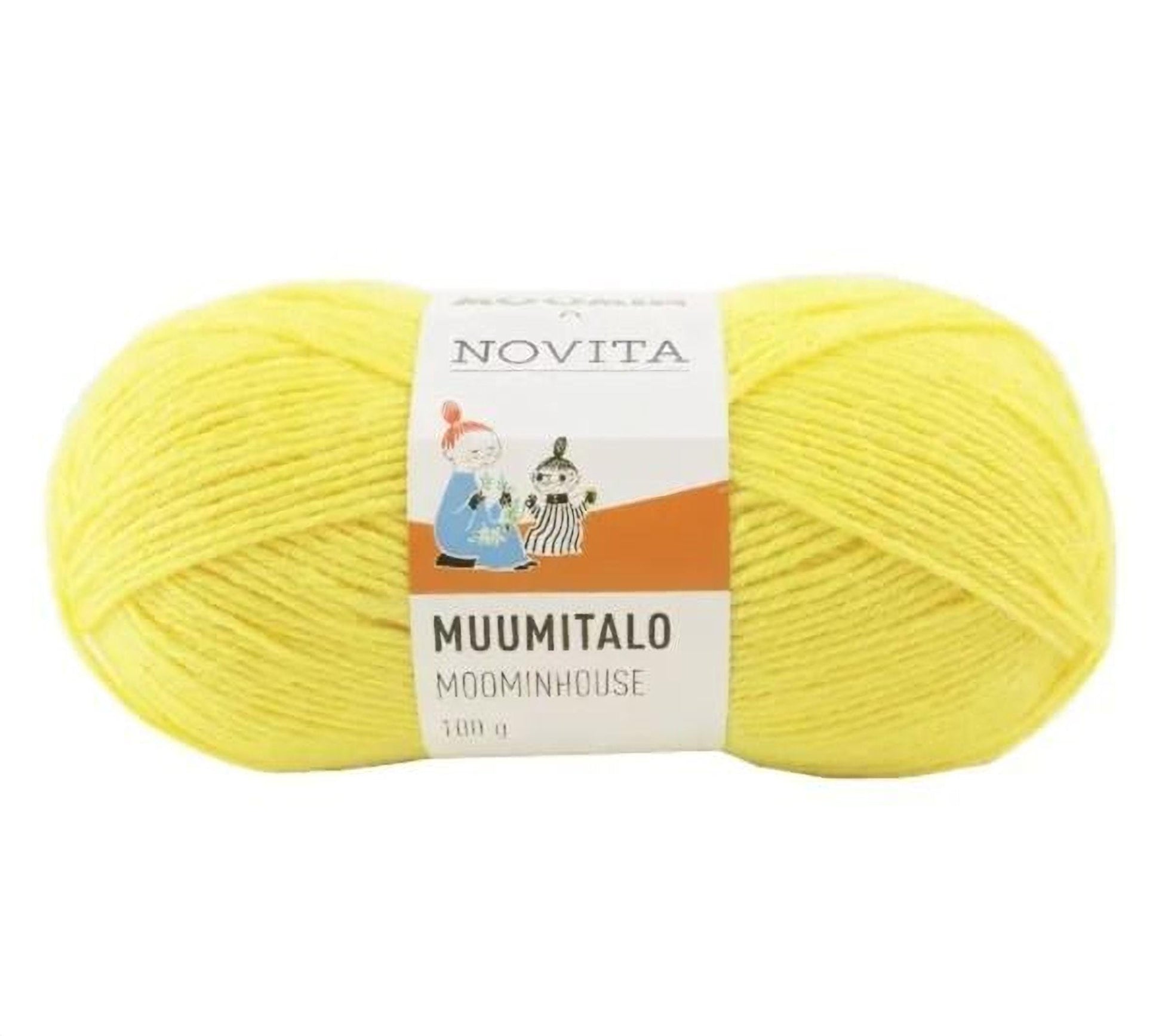 A ball of yellow yarn labeled "Muumitalo" and "Moominhouse" is shown against a white background.