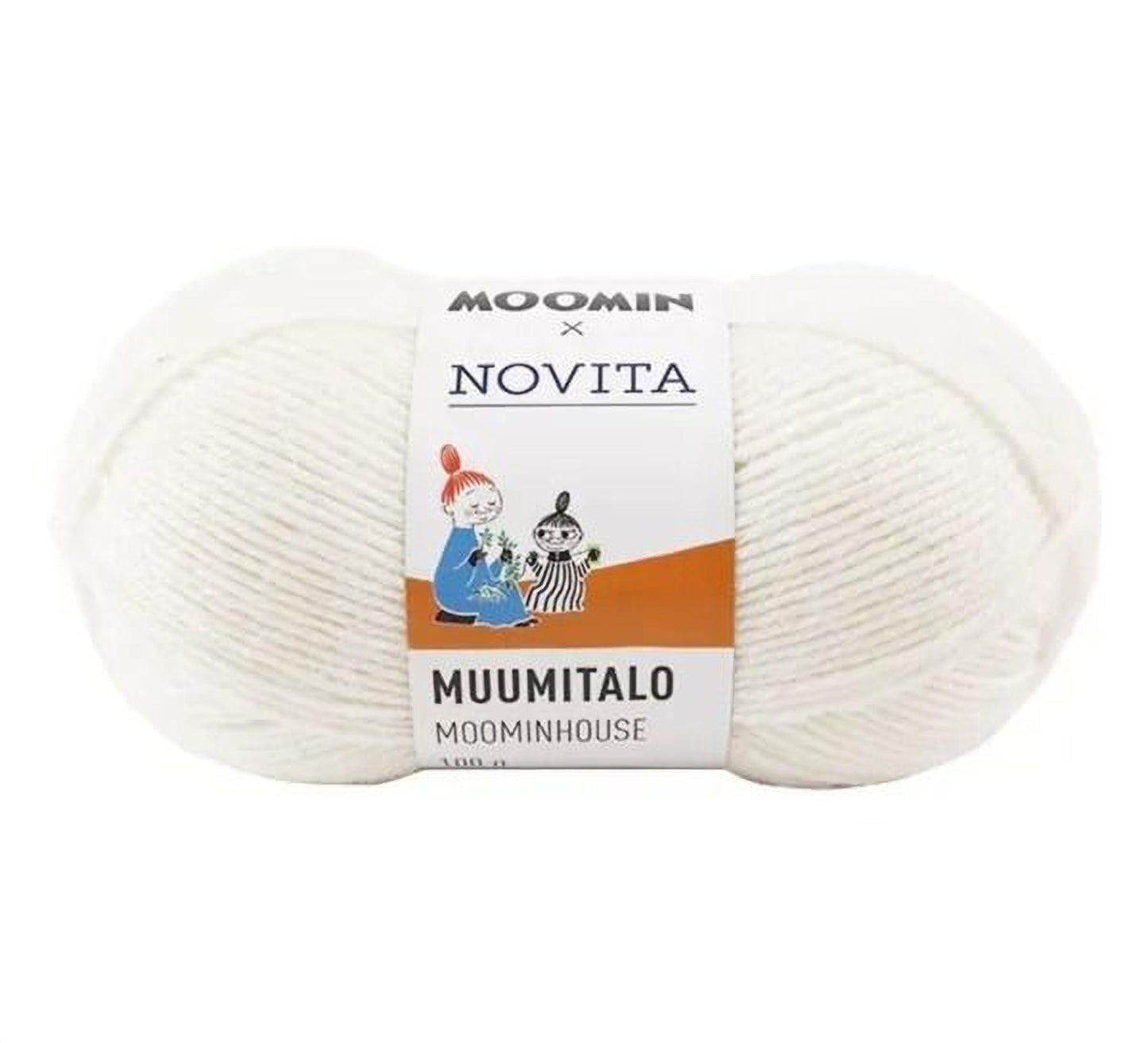 a ball of white yarn with a label that reads "Moomin x Novita Muumitalo Moominhouse" and "007" written below it.