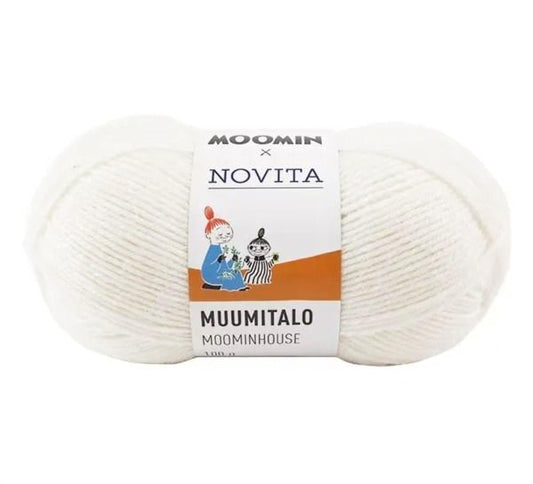 a ball of white yarn with a label that reads "Moomin x Novita Muumitalo Moominhouse" and "007" written below it.