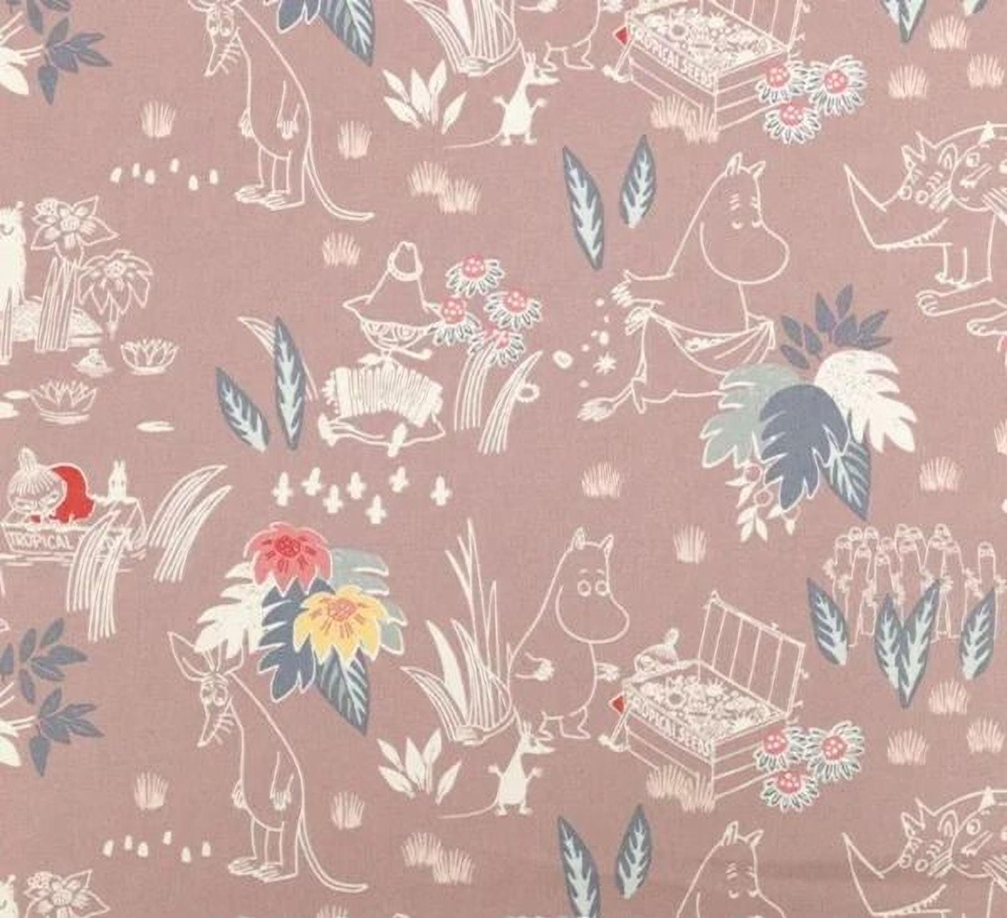 a repeating pattern of various cartoon-style animals and plants, including kangaroos, elephants, and flowers, all set against a pink background. The pattern is visually engaging and features a variety of colors and shapes, creating a lively and dynamic design.