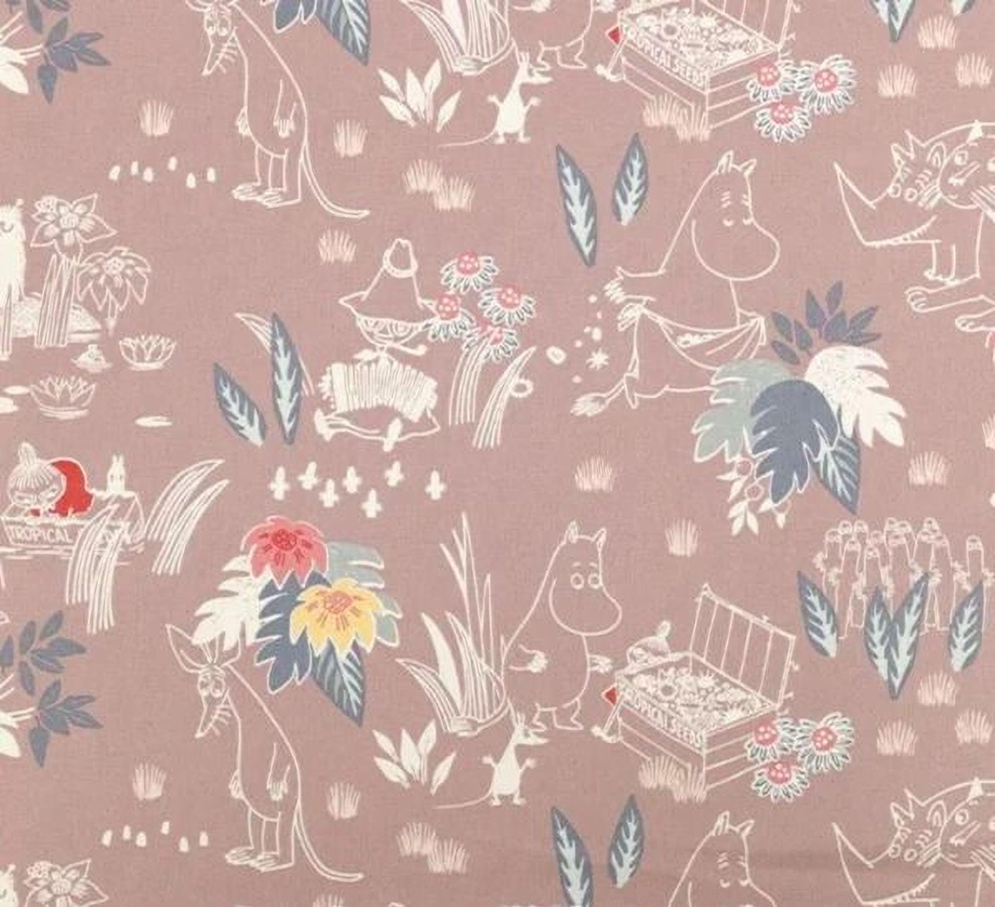 a repeating pattern of various cartoon-style animals and plants, including kangaroos, elephants, and flowers, all set against a pink background. The pattern is visually engaging and features a variety of colors and shapes, creating a lively and dynamic design.