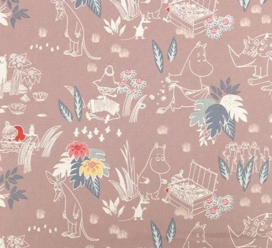 a repeating pattern of various cartoon-style animals and plants, including kangaroos, elephants, and flowers, all set against a pink background. The pattern is visually engaging and features a variety of colors and shapes, creating a lively and dynamic design.