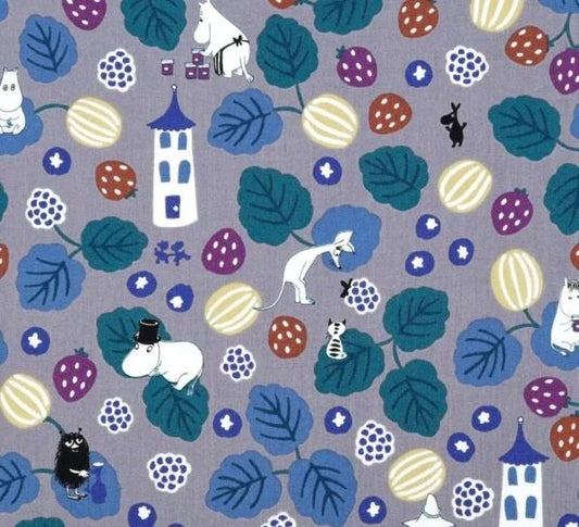The image is a fabric print featuring a whimsical and playful design with various elements such as animals, fruits, and buildings.