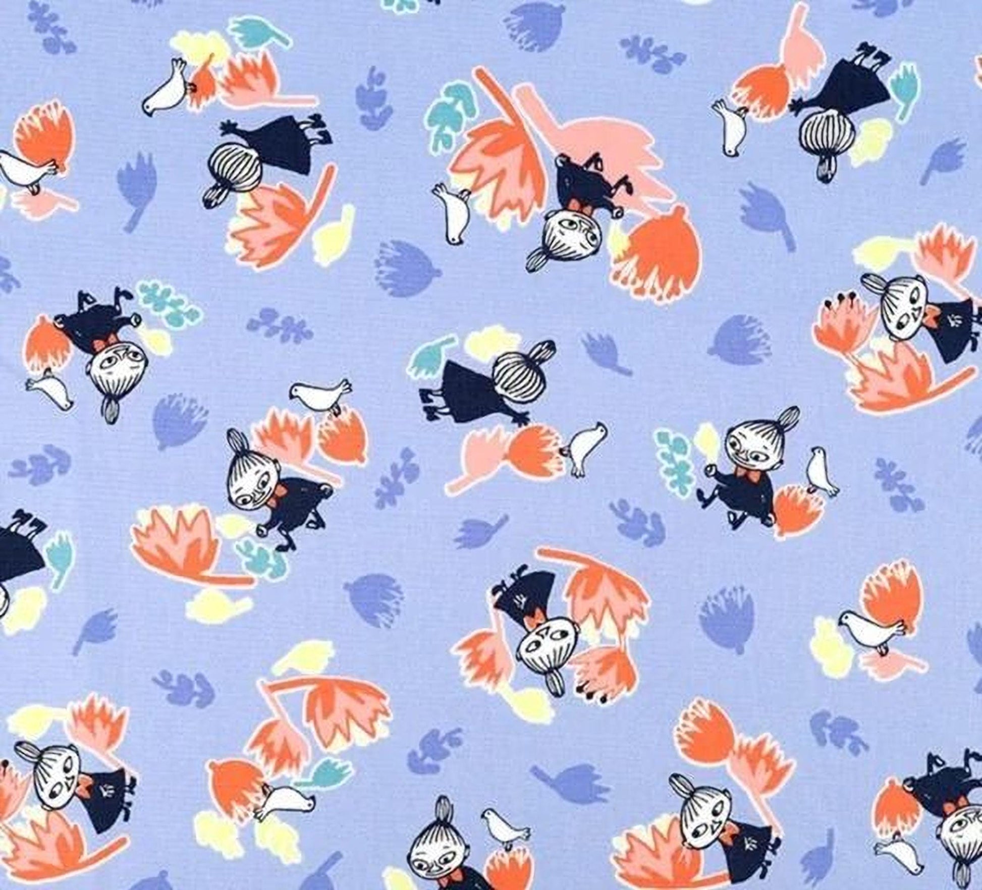 a repeating pattern of various cartoon-style characters, including birds, flowers, and other whimsical elements, all set against a blue background. The pattern is visually engaging and appears to be a part of a larger fabric design.