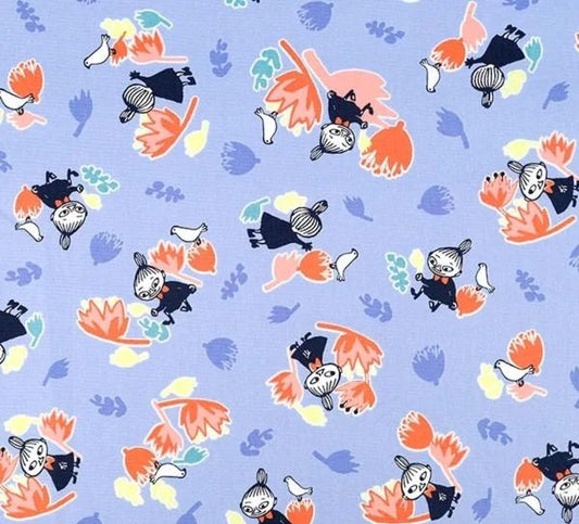 a repeating pattern of various cartoon-style characters, including birds, flowers, and other whimsical elements, all set against a blue background. The pattern is visually engaging and appears to be a part of a larger fabric design.