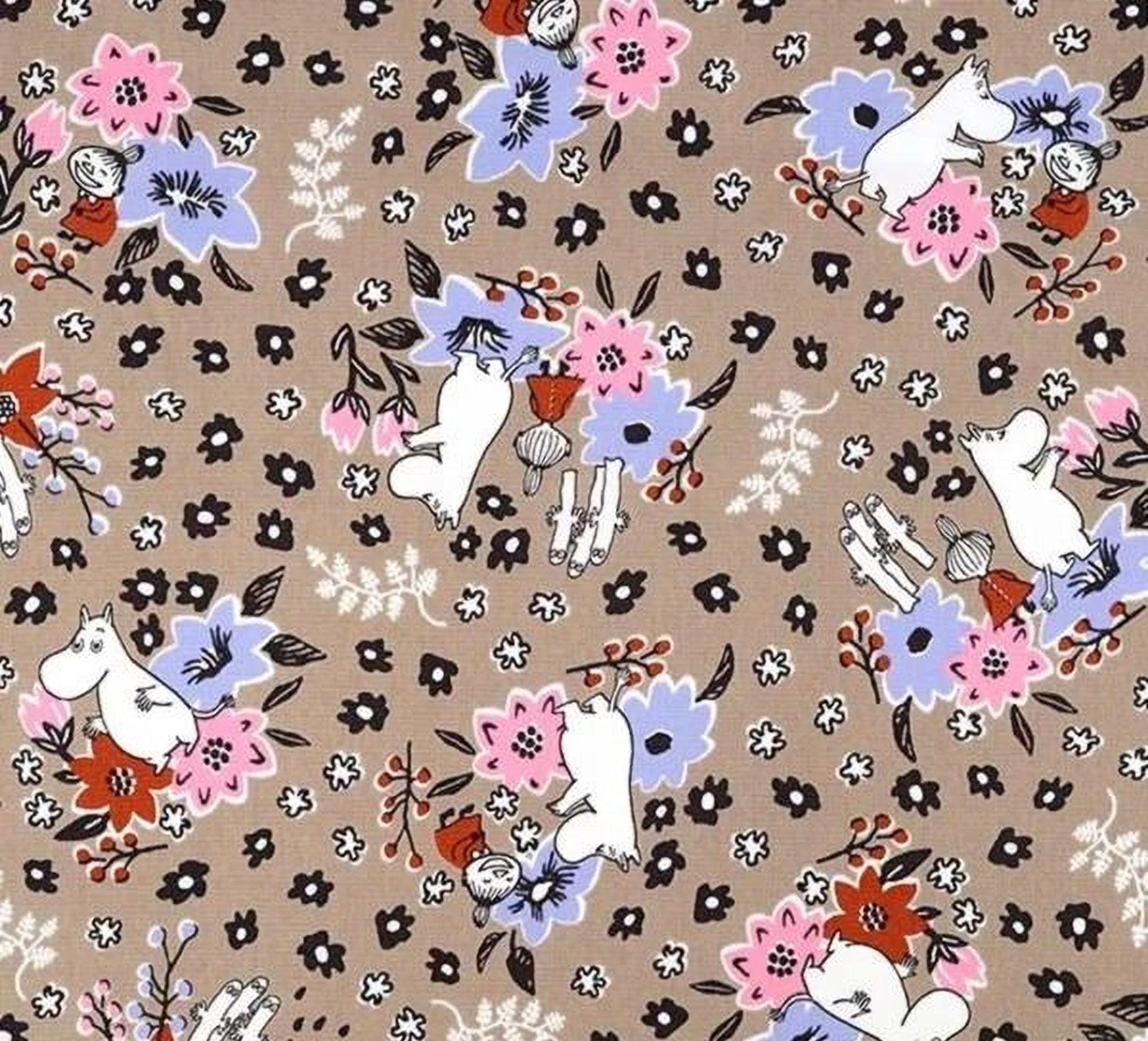 The image is a fabric with a floral pattern featuring various flowers and Moomo characters. The pattern is composed of small flowers and leaves scattered throughout the fabric, creating a visually appealing and intricate design.