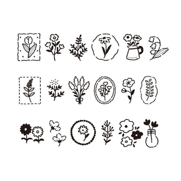 a collection of black and white illustrations of various floral and botanical elements, including flowers, leaves, and vases.
