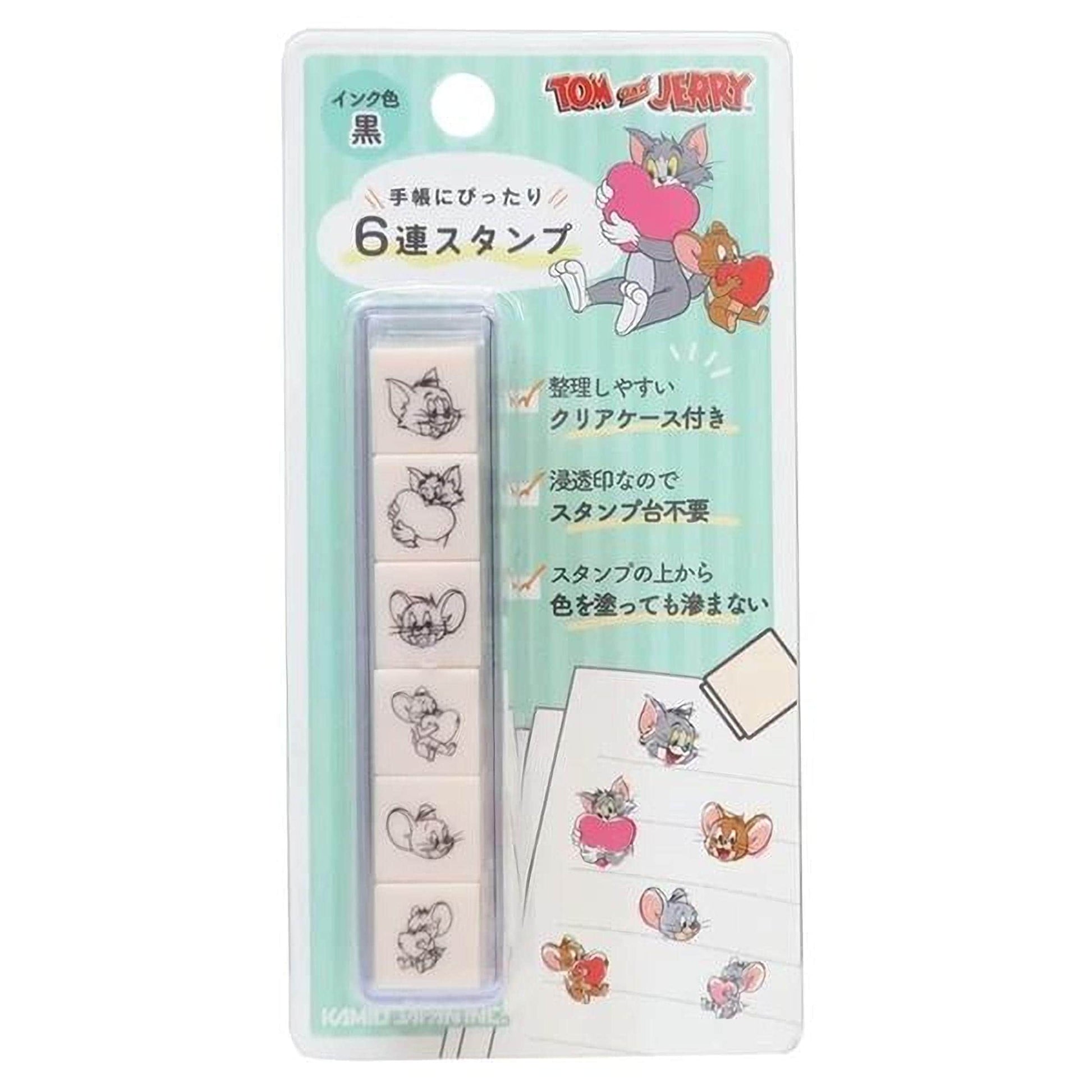 The image is a product packaging for a set of six cartoon character stamps, specifically designed for use with the animated series "Tom and Jerry". The packaging features various cartoon images of the characters from the series, along with text in Japanese.