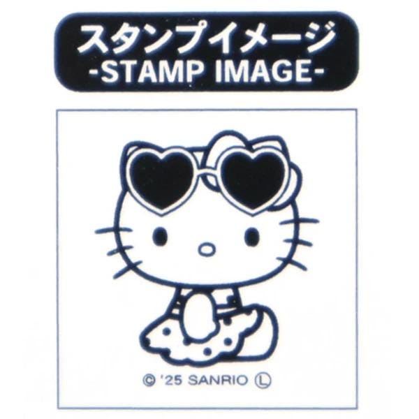 A black and white illustration of a Hello Kitty character wearing sunglasses and a dress.