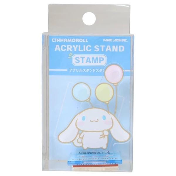 a Cinnamoroll Acrylic Stand stamp with a cute cartoon rabbit holding balloons.