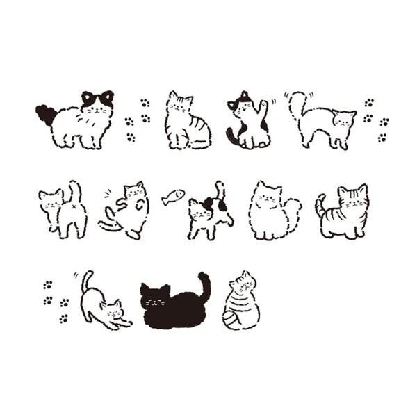 a collection of twelve black and white cat illustrations, each depicting a different cat in various poses and expressions.