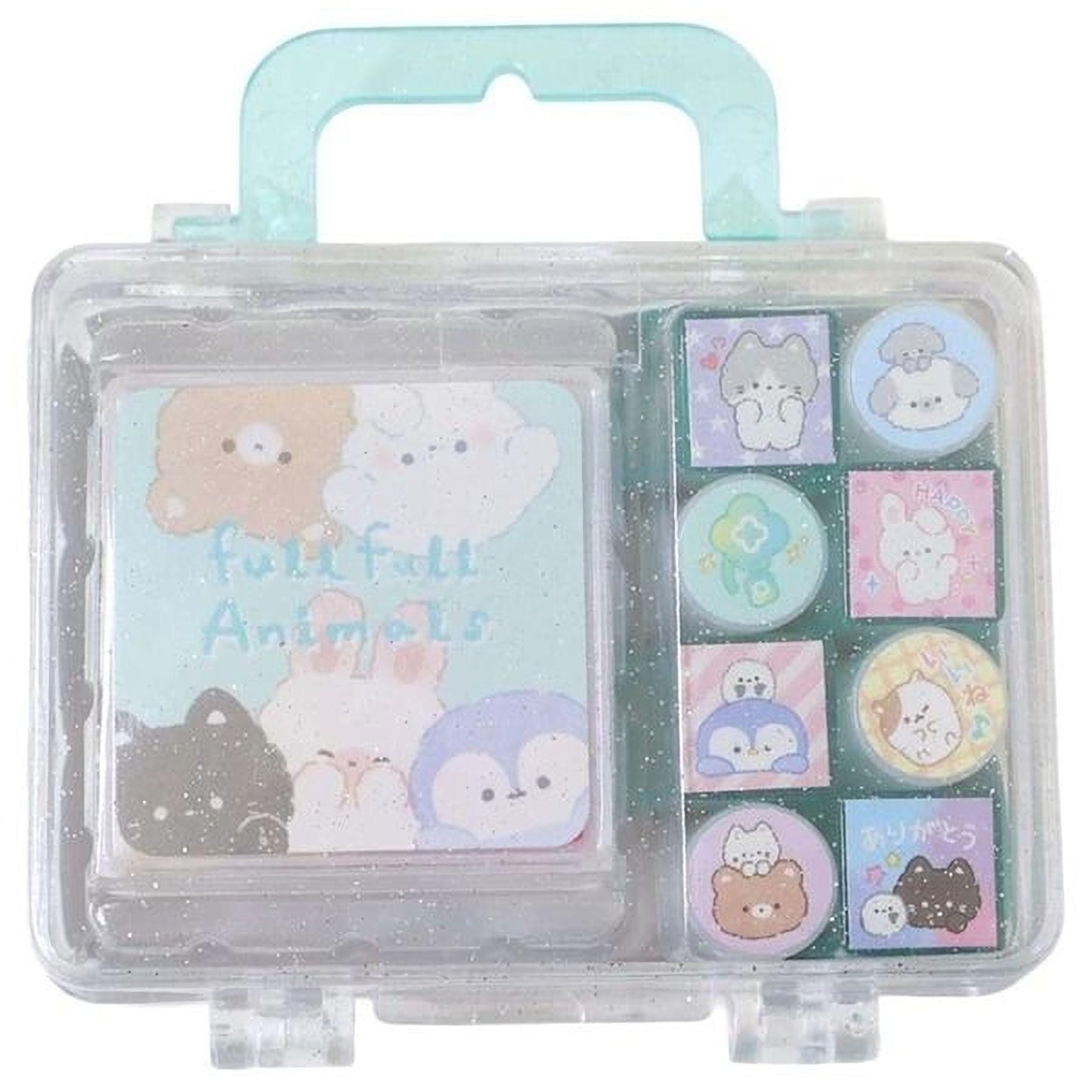 A clear plastic case with a handle, containing a collection of colorful animal-themed stickers and a label that reads "Full-Filled Animals".