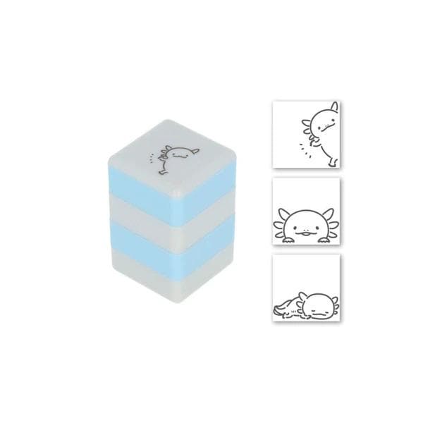 a blue and white striped object, which appears to be a small, square-shaped item. There are also three smaller images of the same object, each depicting a different pose or action of the object.