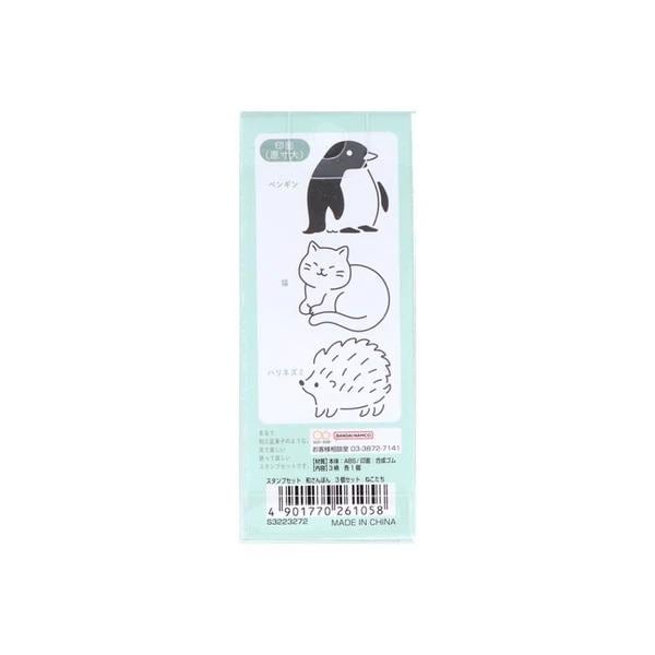 A light blue label with illustrations of a penguin, cat, and hedgehog, along with some text in Japanese.