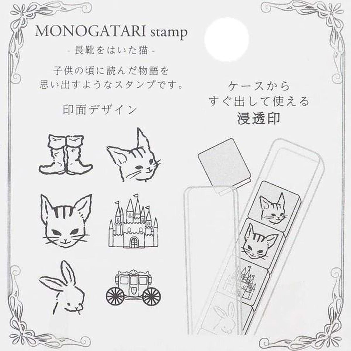various cartoon-style illustrations, including cat faces, a castle, a carriage, and a rabbit, along with some text in Japanese.