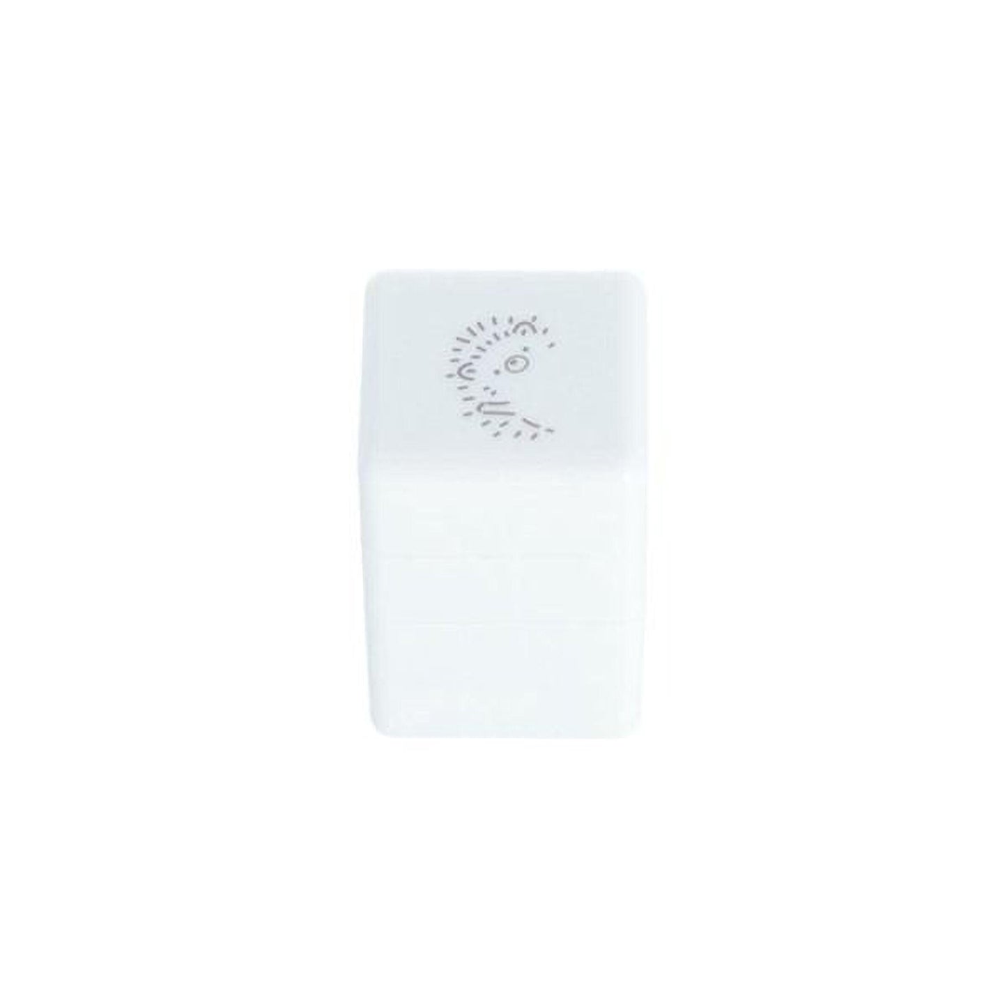 A white rectangular object with a face drawn on it.