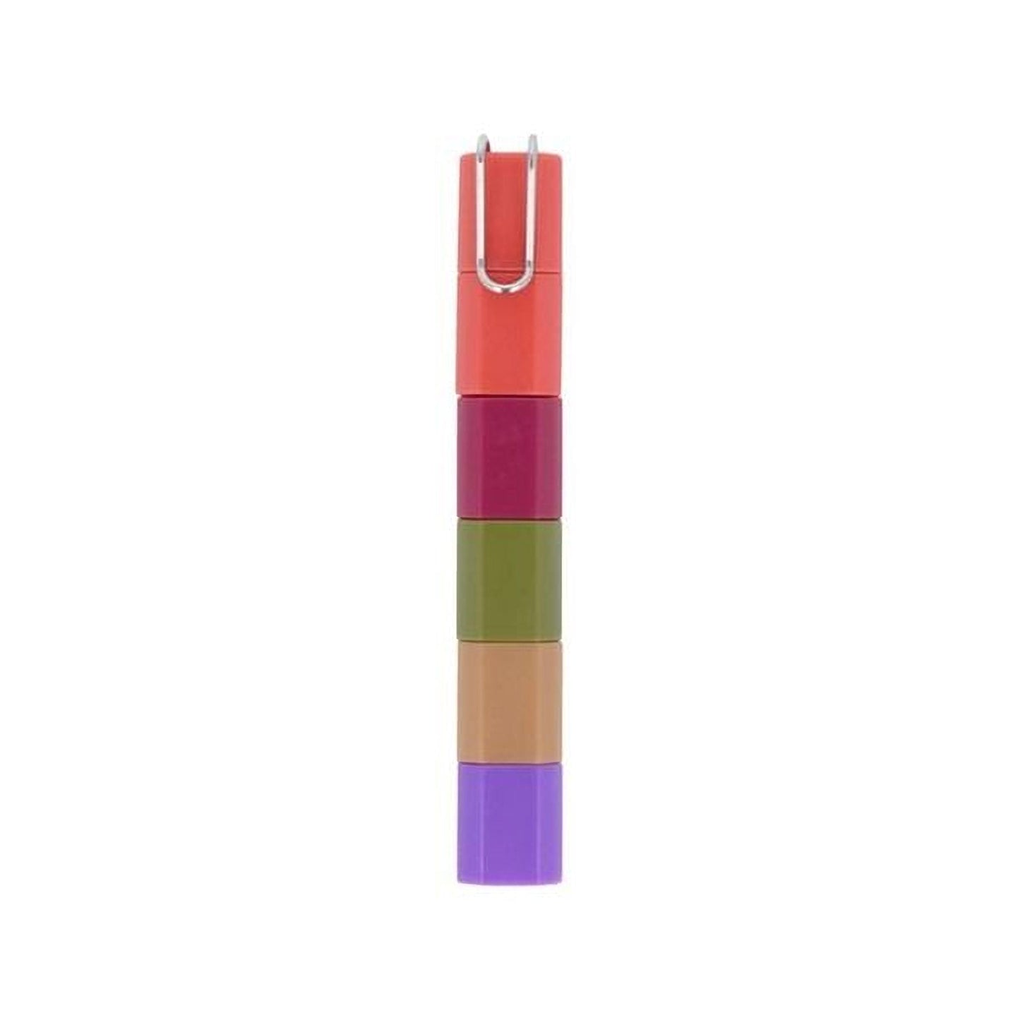 A stack of five colorful plastic containers, each with a different color: red, orange, pink, green, and purple.