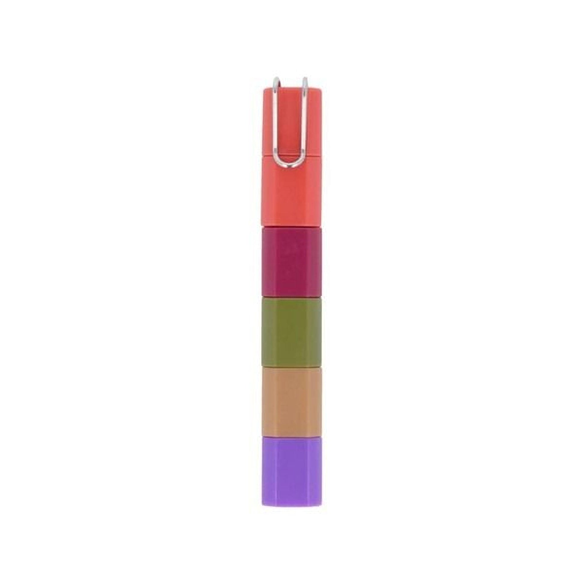 A stack of five colorful plastic containers, each with a different color: red, orange, pink, green, and purple.