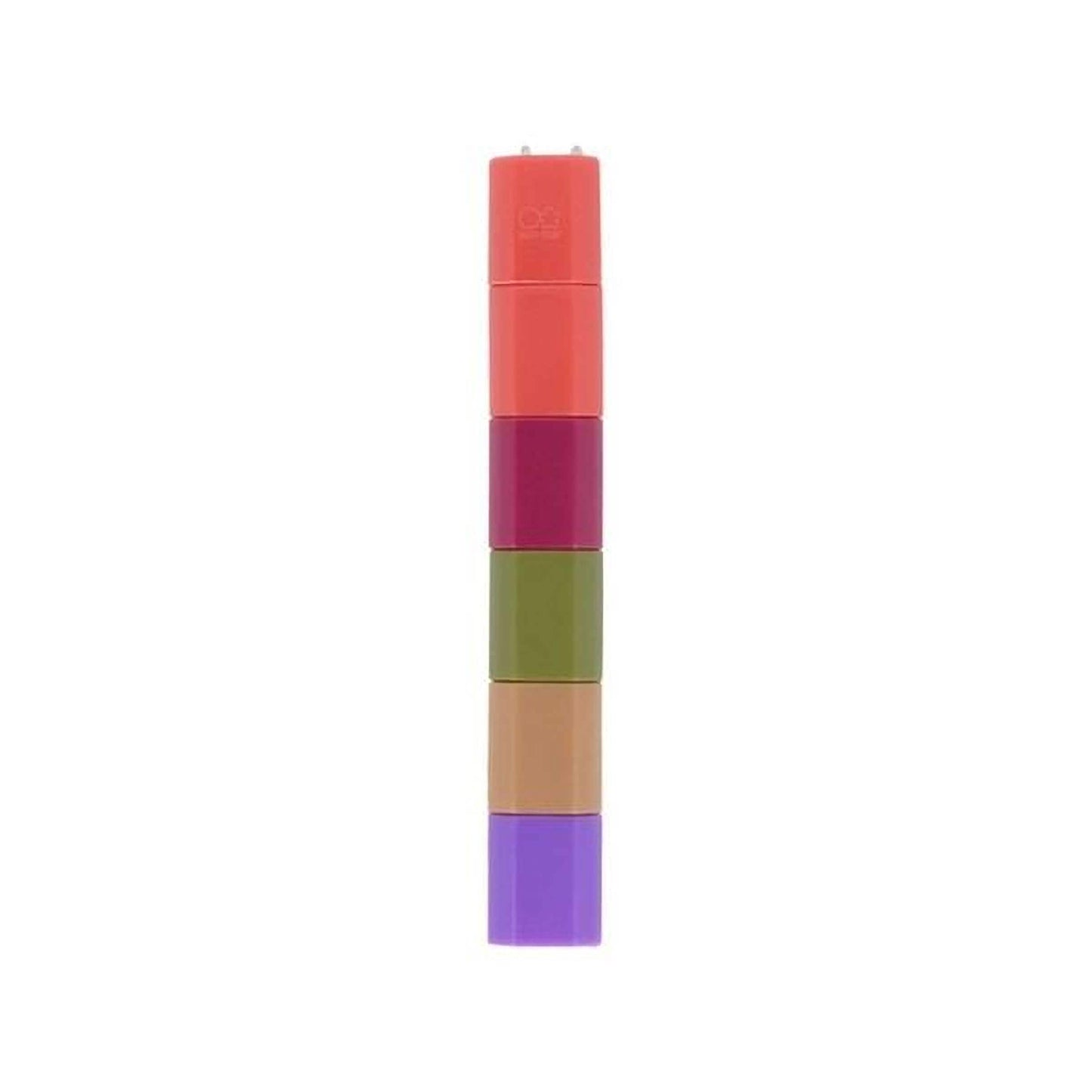 A stack of six colorful plastic containers, each with a different color, arranged in a vertical line.