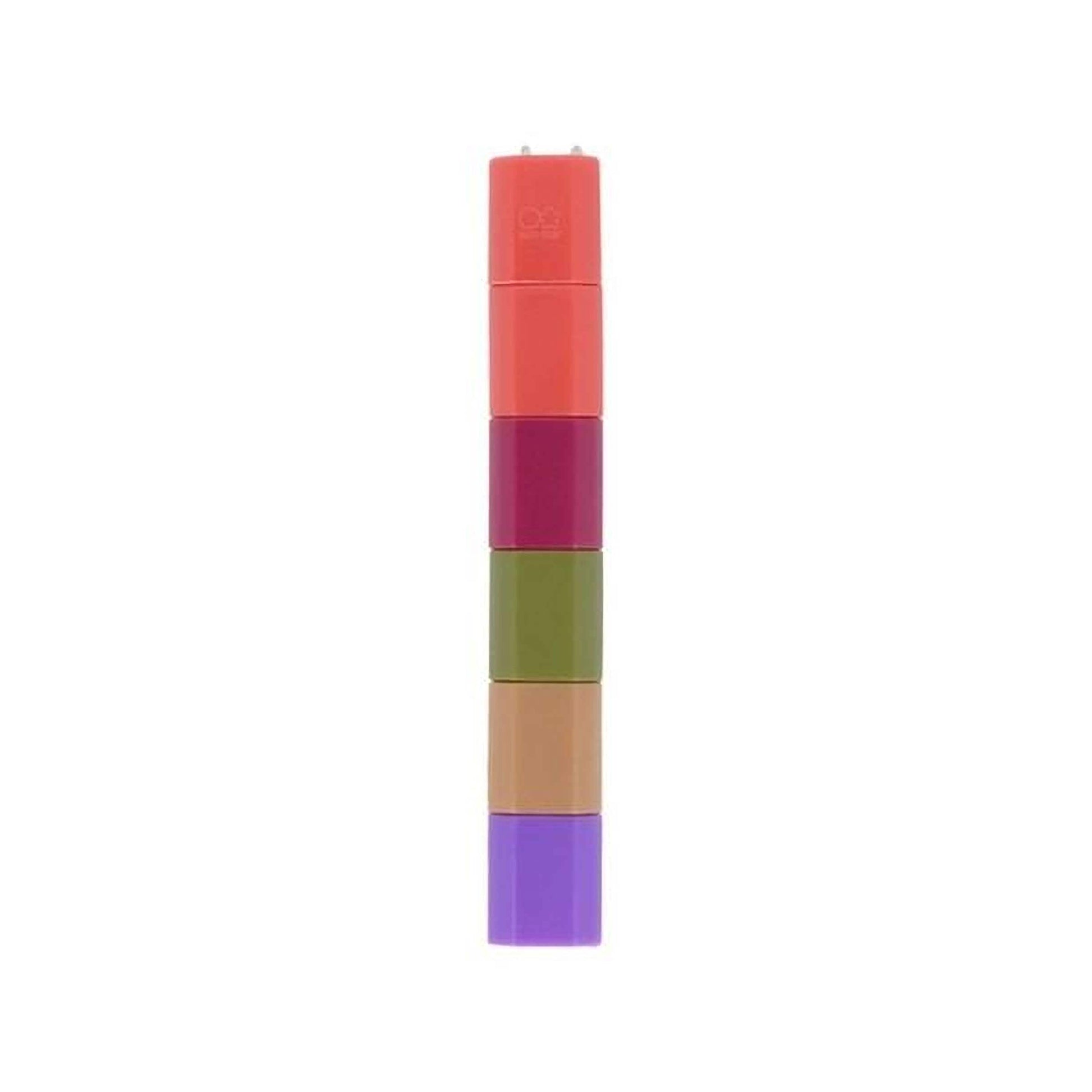 A stack of six colorful plastic containers, each with a different color, arranged in a vertical line.