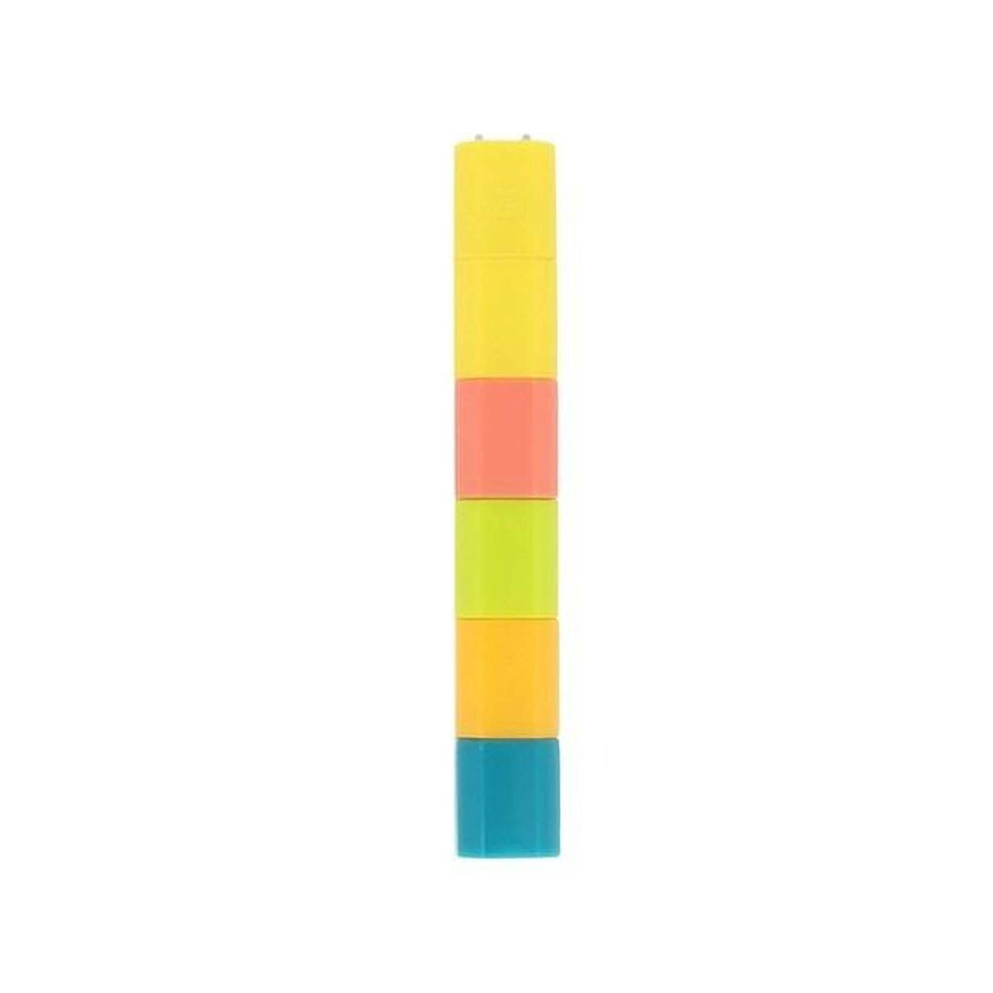 A colorful, multi-colored object, possibly a pen or marker, with a yellow and orange body and a blue cap.