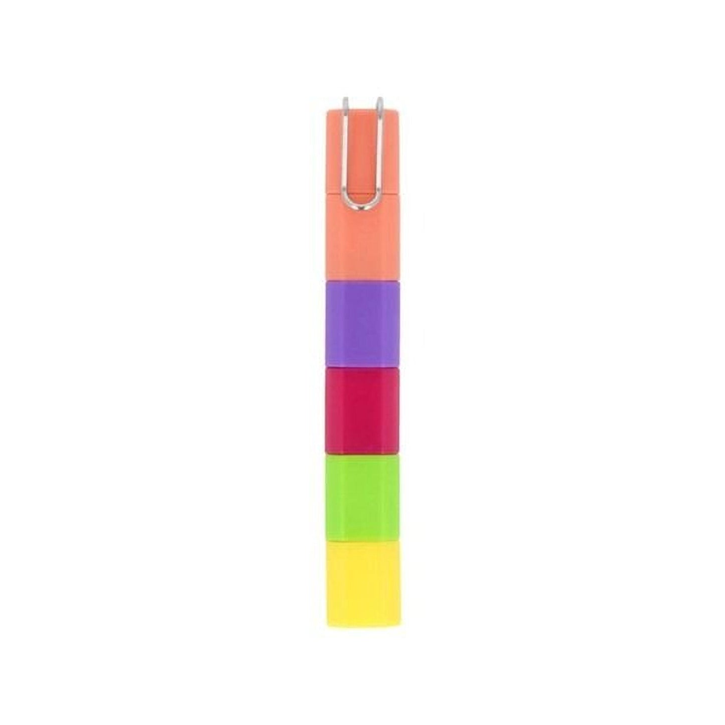 A colorful, multi-colored object with a metallic hook at the top, which appears to be a pen or similar writing instrument.