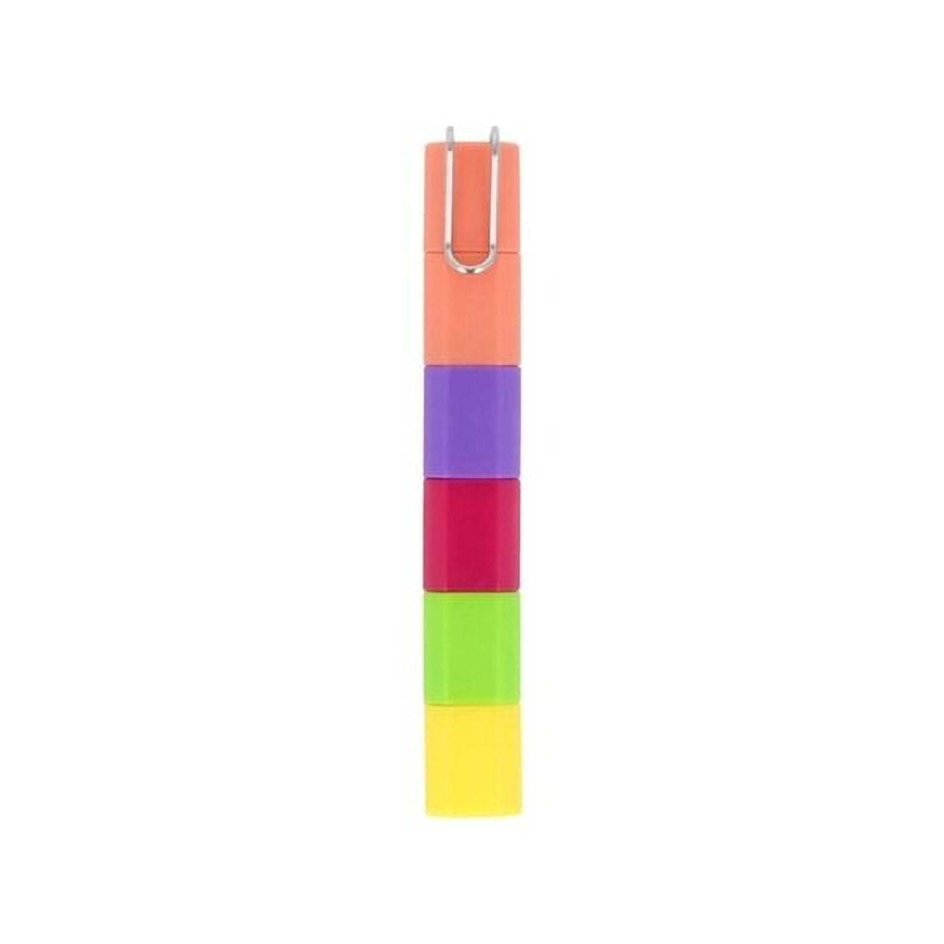 A colorful, multi-colored object with a metallic hook at the top, which appears to be a pen or similar writing instrument.
