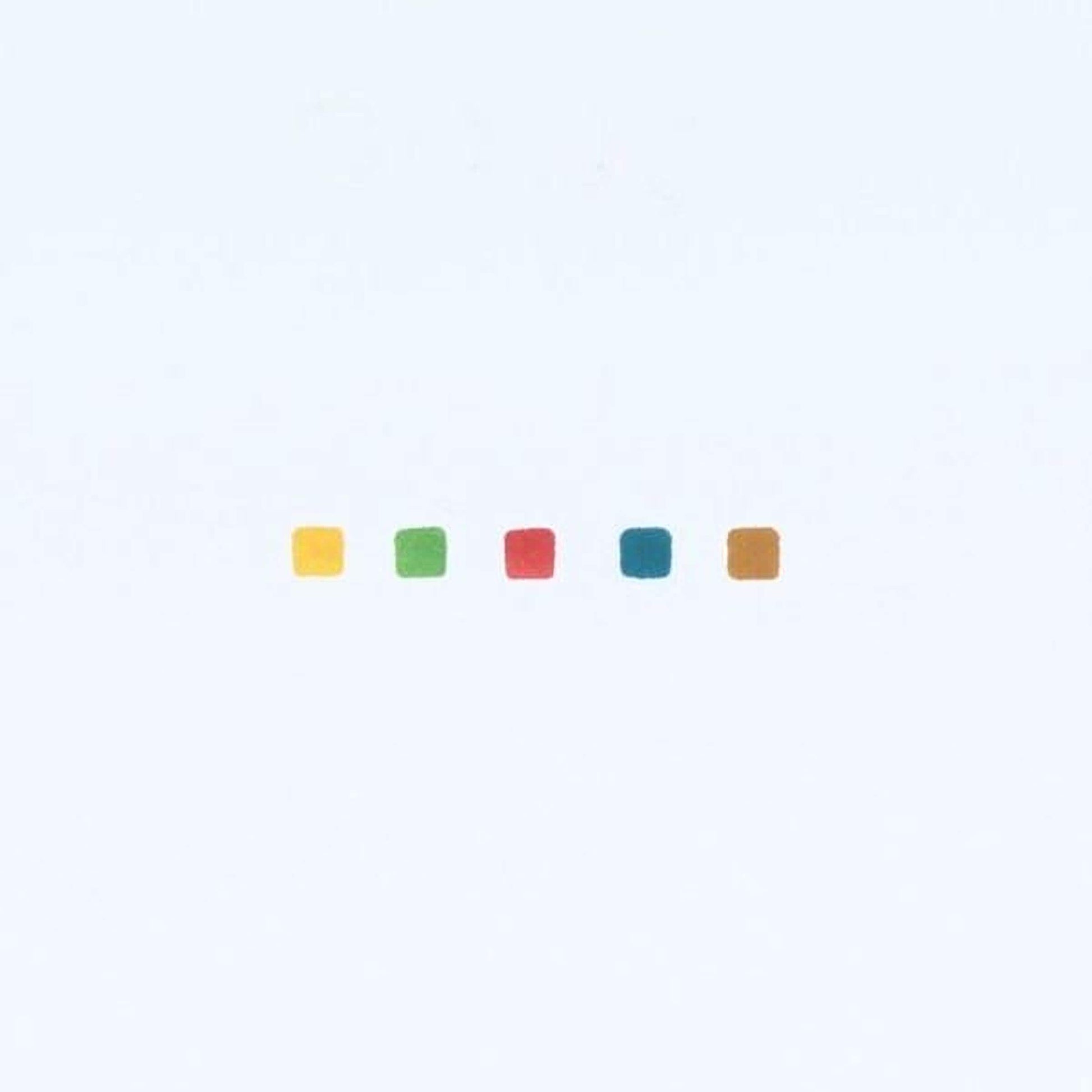 five small squares in different colors: yellow, green, red, blue, and brown.