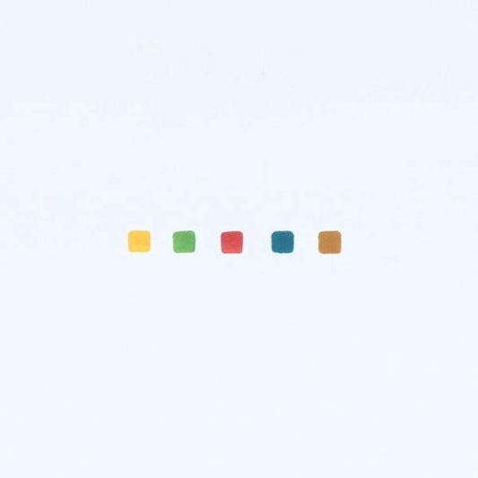 five small squares in different colors: yellow, green, red, blue, and brown.