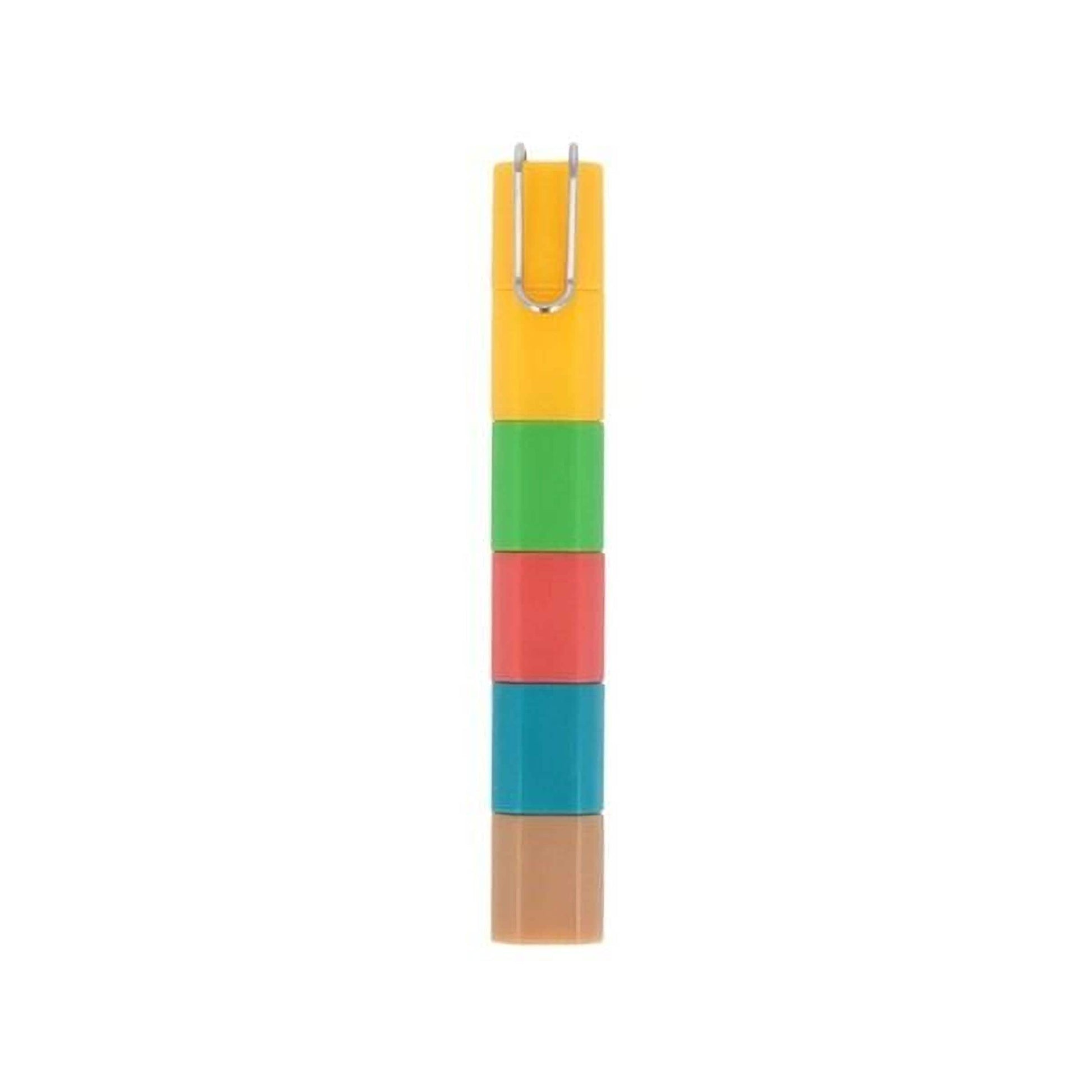A colorful, multi-colored object with a hook at the top, likely a pen or marker holder.