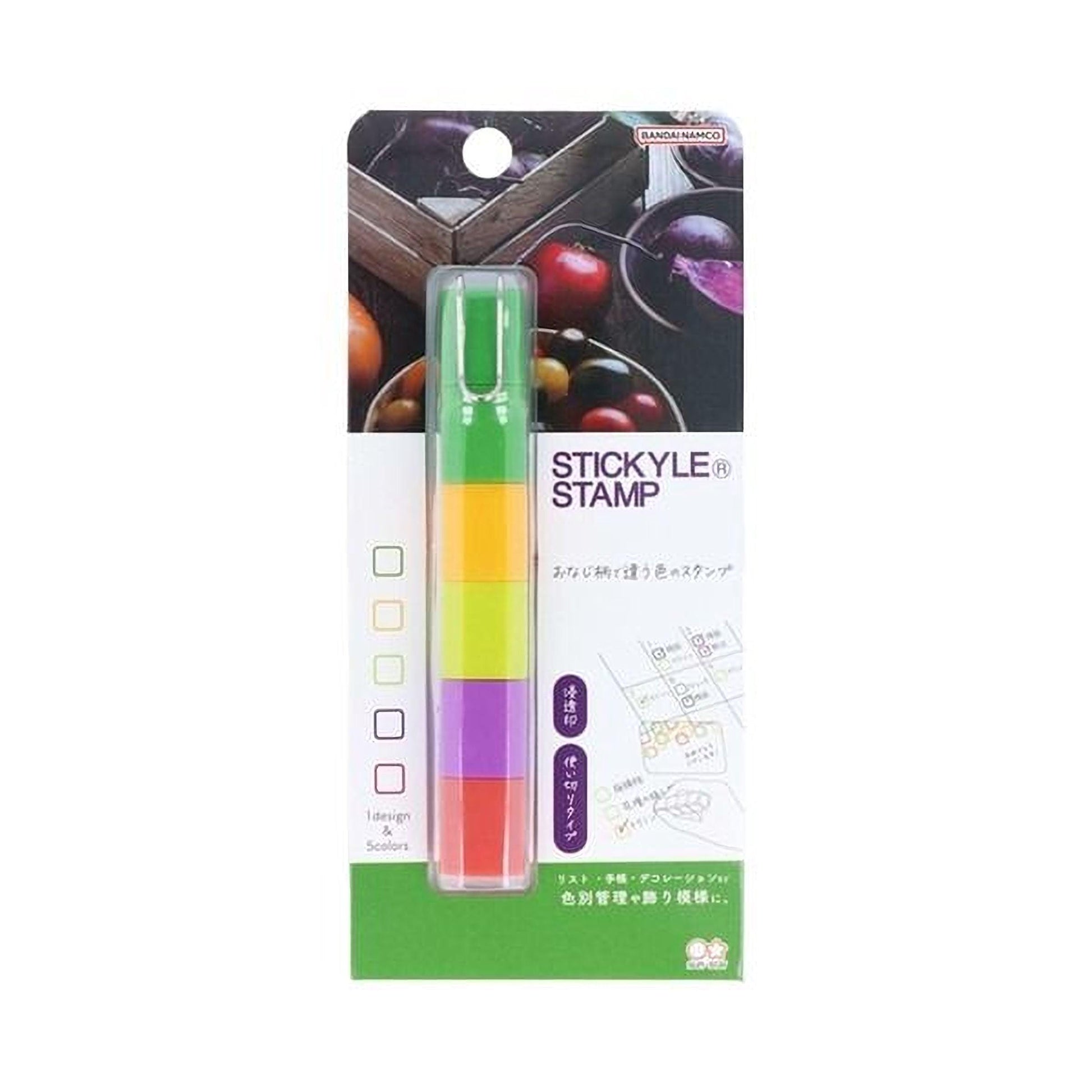 A multi-colored marker or highlighter with a stamp-like shape, designed for highlighting and organizing information.