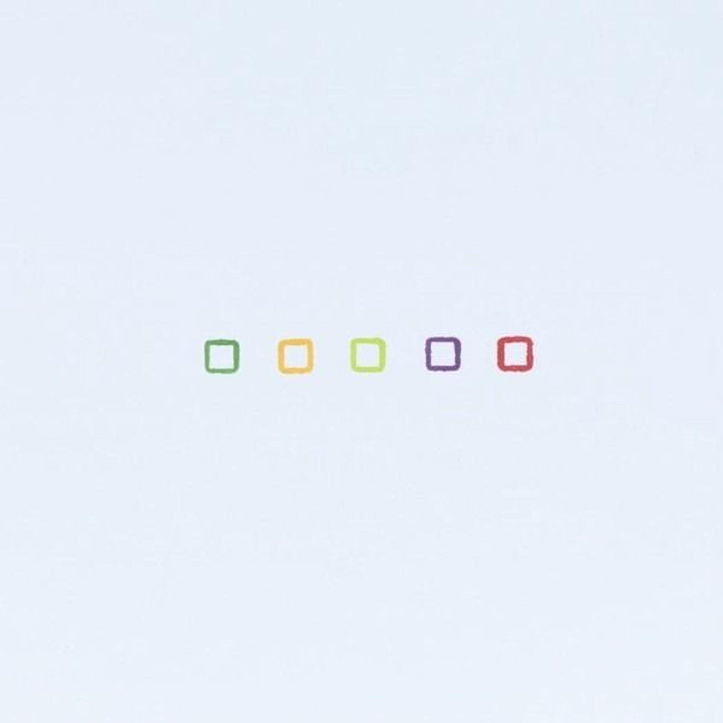 five colored squares arranged in a row against a light blue background.