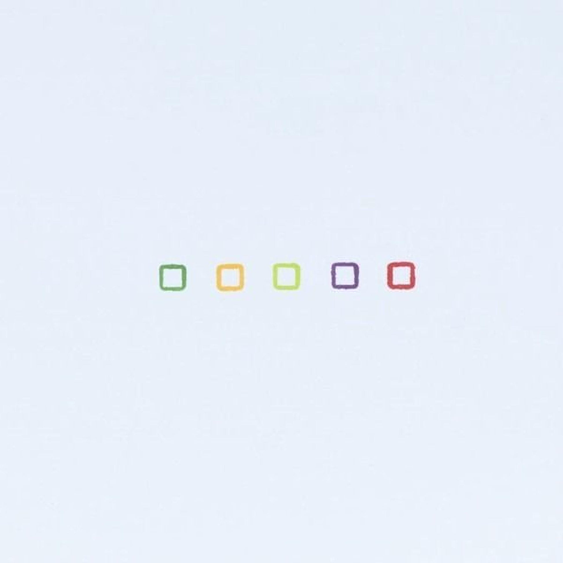 five colored squares arranged in a row against a light blue background.