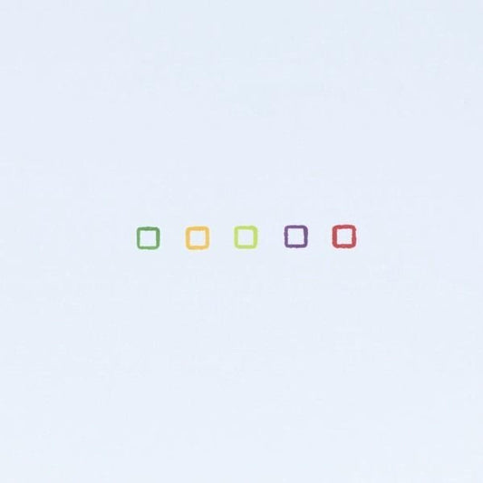 five colored squares arranged in a row against a light blue background.