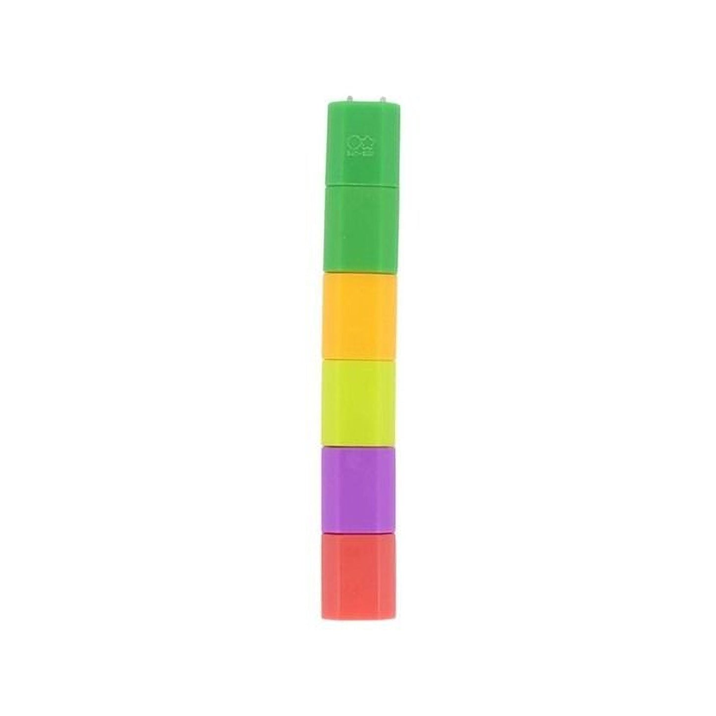 A stack of colorful plastic blocks in various shades of green, yellow, orange, pink, and red.