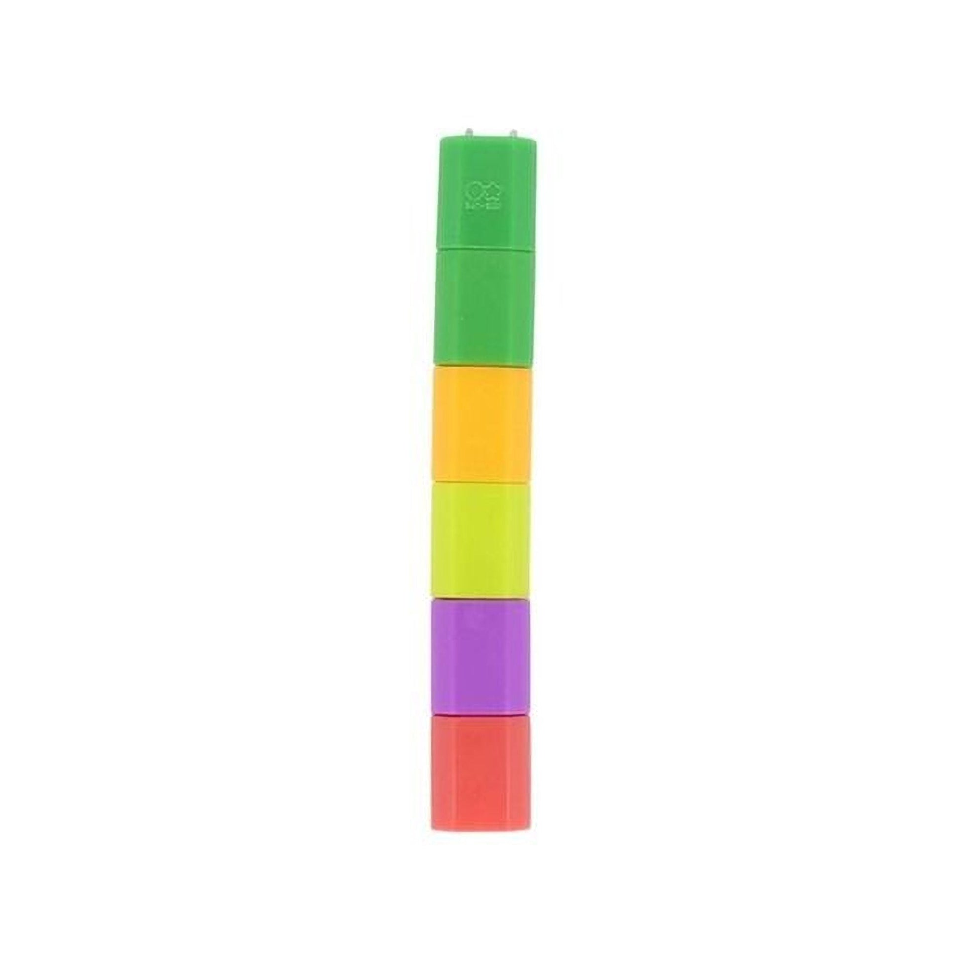 A stack of colorful plastic blocks in various shades of green, yellow, orange, pink, and red.