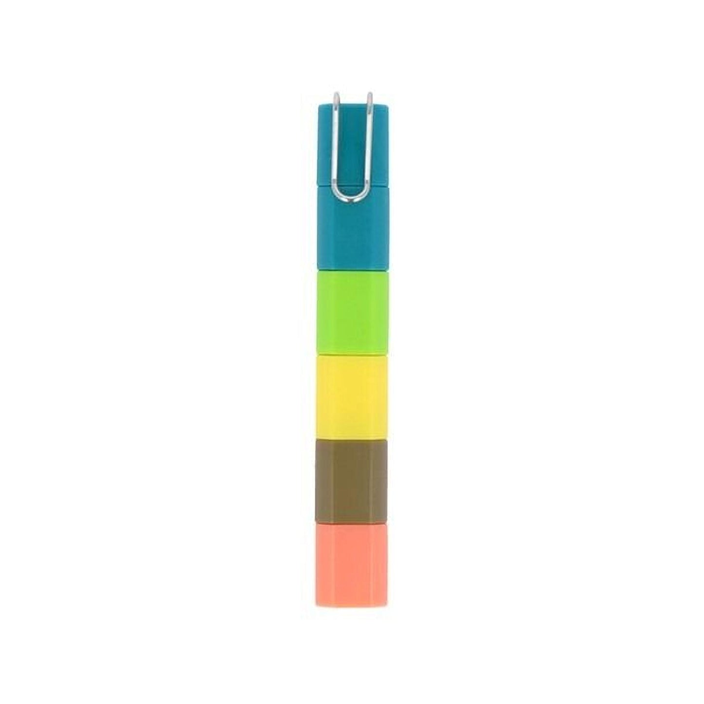 A stack of colorful plastic cubes in various shades of green, yellow, orange, and brown.