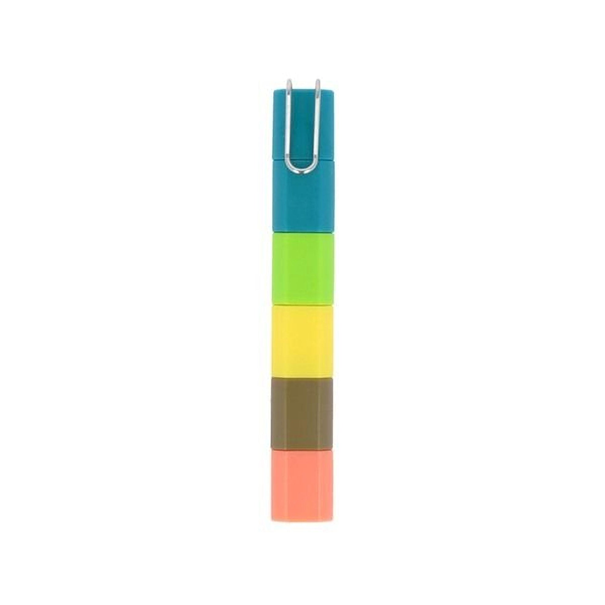 A stack of colorful plastic cubes in various shades of green, yellow, orange, and brown.