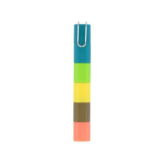 A stack of colorful plastic cubes in various shades of green, yellow, orange, and brown.