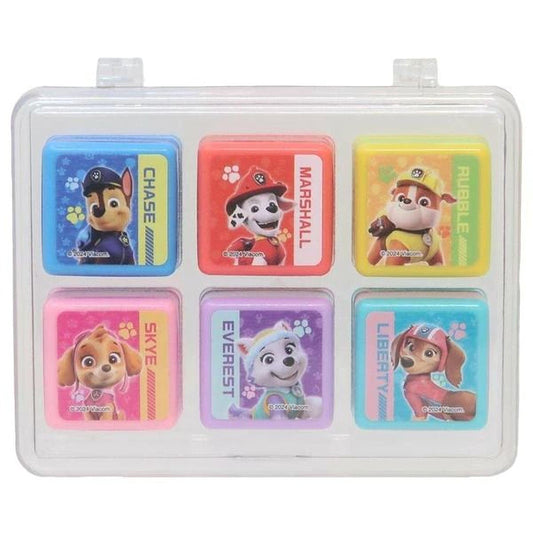 A set of six colorful stickers featuring characters from the popular children's television show "Paw Patrol".