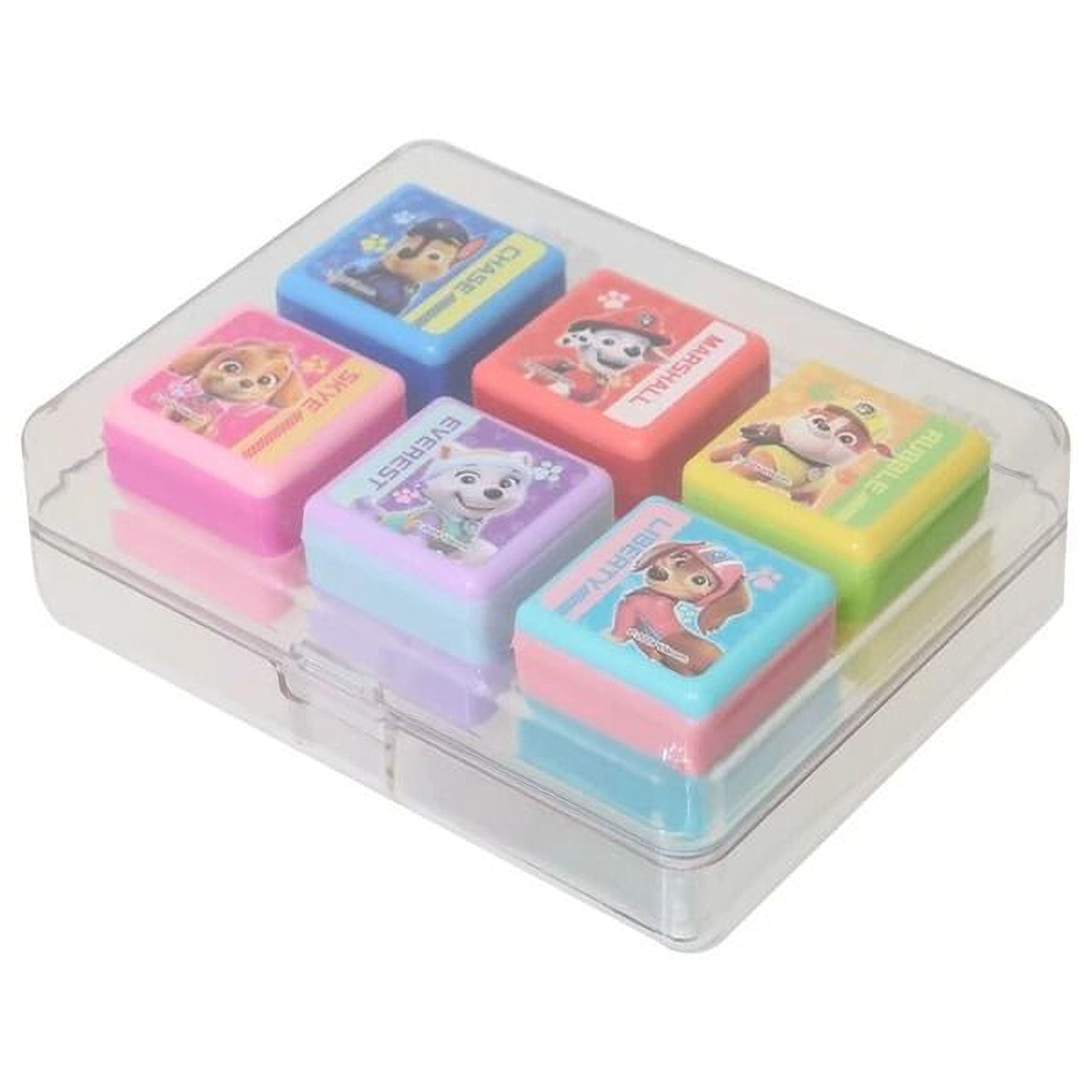 A clear plastic container holding six colorful rubber stamps featuring characters from the children's television series "Paw Patrol".