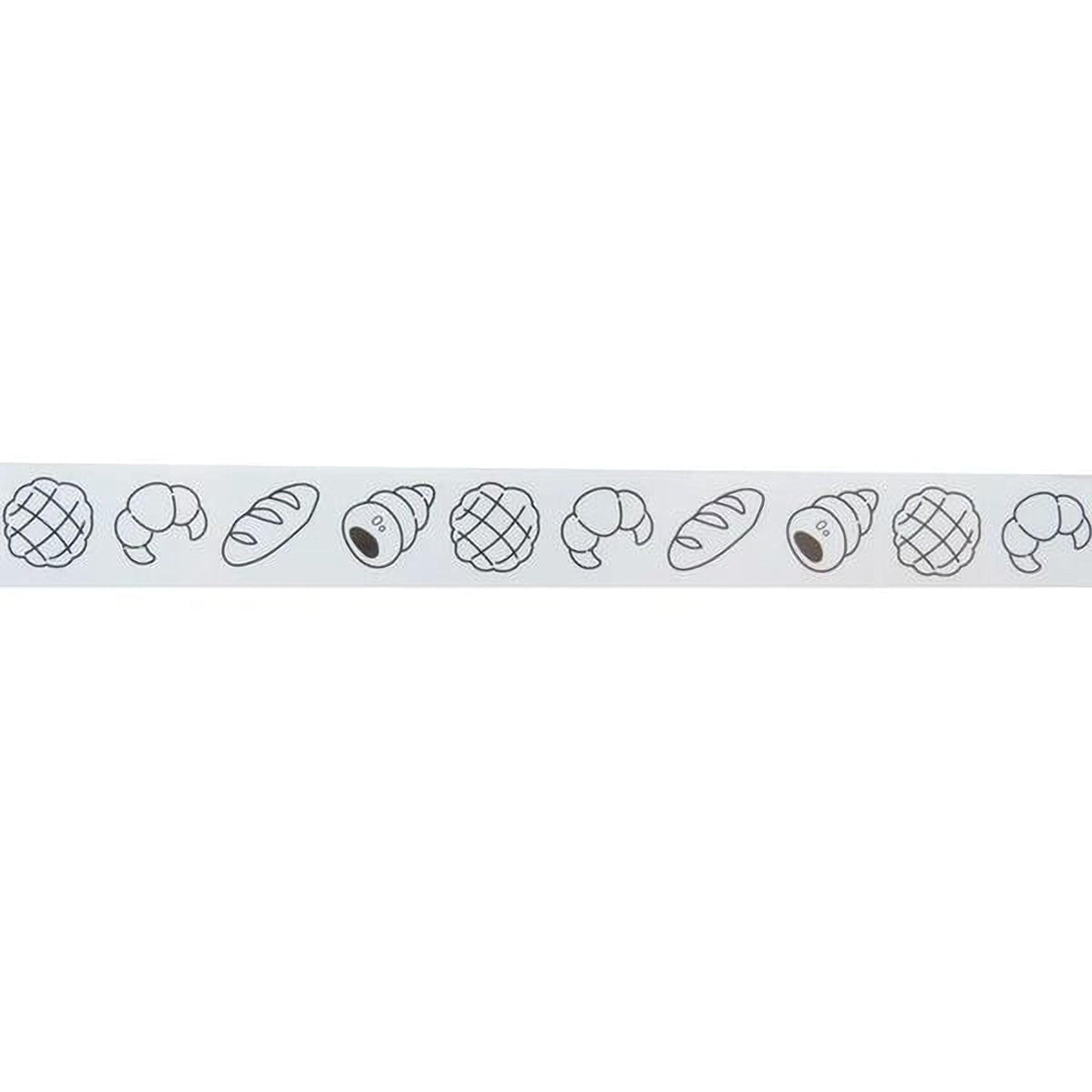 A white ribbon with a repeating pattern of various bread shapes, including croissants, baguettes, and rolls, arranged in a row.