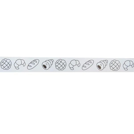 A white ribbon with a repeating pattern of various bread shapes, including croissants, baguettes, and rolls, arranged in a row.
