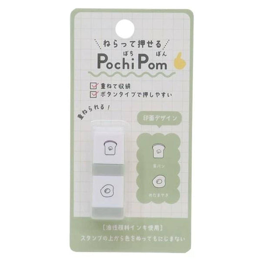 A product packaging for a PochiPom pencil sharpener. The packaging features a grid-like pattern and includes text in Japanese.